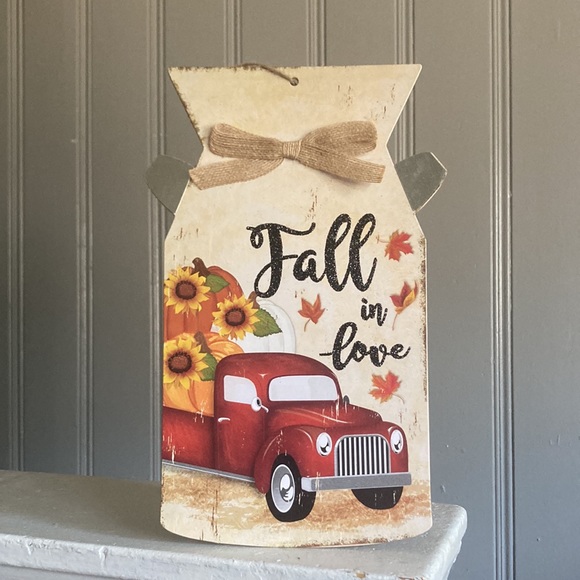 NWT Glittered FALL IN LOVE Harvest Red Farm Truck Wood Milk Jug Decoration Sign - Picture 3 of 17